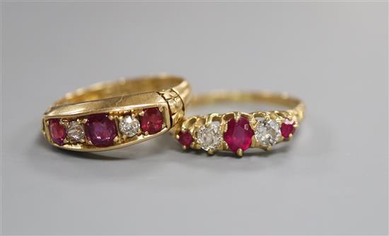 A late Victorian ruby and diamond five-stone half-hoop ring, 18ct gold setting and another similar ring. sizes M & P.